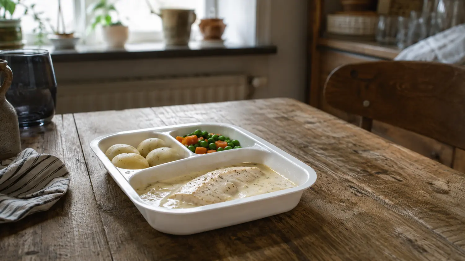 Portionsförpackad middag med potatis, fisk i gräddsås, ärtor och morötter i ett vitt tråg